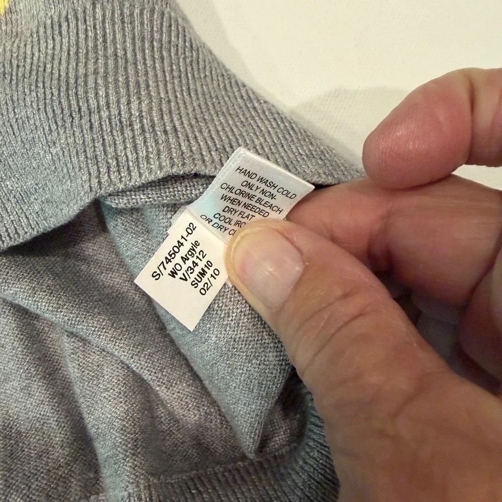 Banana Republic Silk Cotton Cashmere Argyle V-Neck Sweater Grey Yellow Mens L